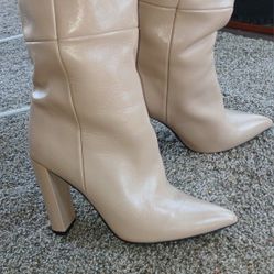 YSL-Paris Above the Knee Tan Leather Boots With Block Heel