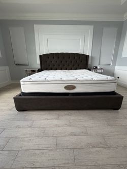 King Size Upholstered Bed + Simmons Beautyrest Mattress – Complete Set