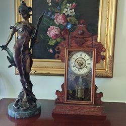 Antique Mantel Clock Oak 13W X 21H