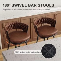 Counter Height Bar Stools Set of 2, 180° Swivel 26" Seat Height Barstools, Suede Fabric Bar Chairs with Woven Back and Footrest for Kitchen Island, Ca