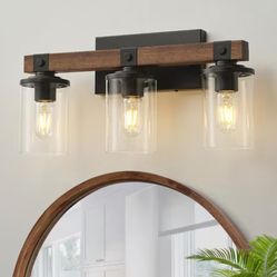 19.88 in. 3-Lights Black and Brown Wood Rustic Farmhouse Bathroom Vanity Light with Cylinder Glass Shade