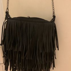 Black Fringe Faux Leather Shoulder Bag