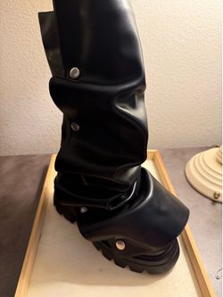 Black Ruched Knee-High Platform Boots - Women
