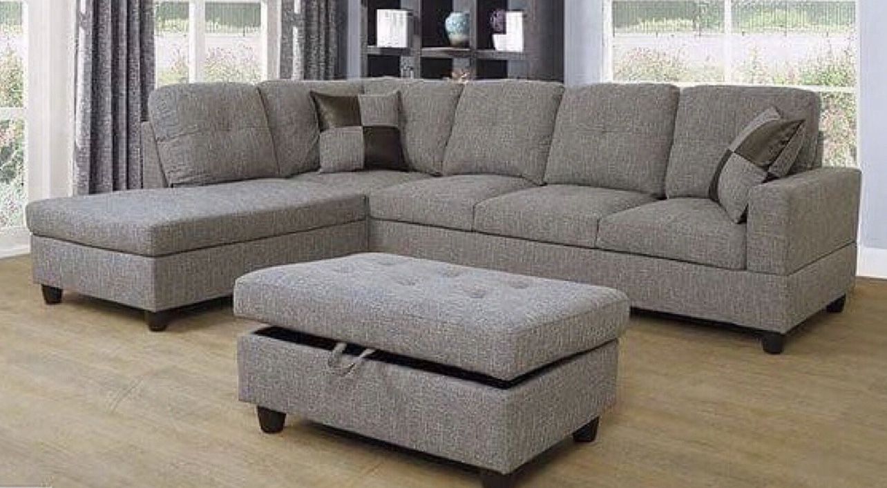 New Light Gray Tweed/linen Sectional Sofa W/ Free Ottoman And Pillows New In Original Boxes