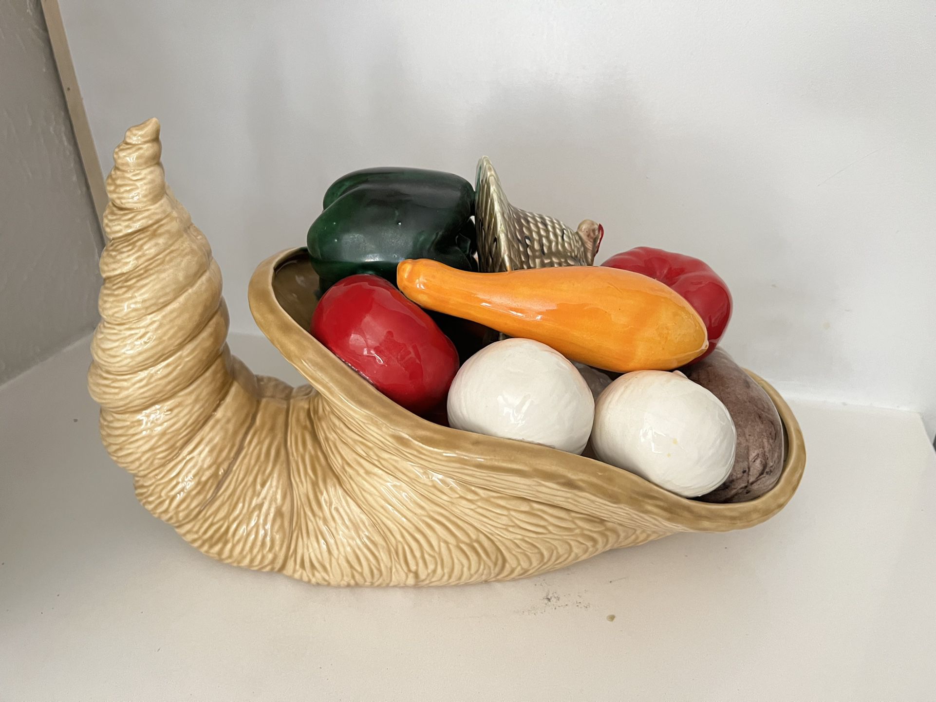 Vintage Ceramic 15” Cornucopia Horn of Plenty With Fruit Turkey Glazed Decor Thanksgiving Fall