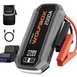 Wolfbox Portable Jump Starter, Flashlight, and charger with cables and case! Brand new in sealed box