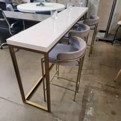 West Elm Modern Counter-Height Bar Stools — Brass Frame & Upholstered Seat (Set of 3)