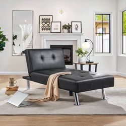 Faux leather sofa bed sleeper convertible futon sofa mondern recliner couch daybed with chrome metal legs for living room black