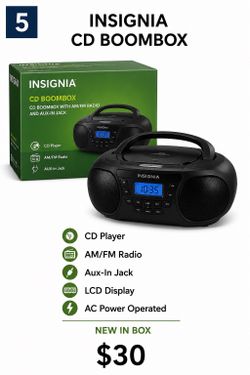 Insignia CD Boombox  Price: $30  Description: Brand new CD boombox with AM/FM radio and AUX input. Great for home, garage, or office.  • New in box • 