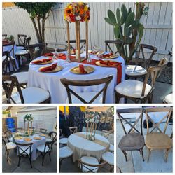 Sillas Chiavari, Sillas Cross Back, Sillas De Jardin, mezas De Madera, Carpas, Manteles, Centros De Mezas, Pistas De Baile, Numeros Y Letras De Luces