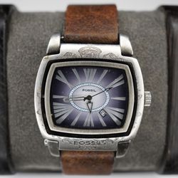 Vintage Fossil JR 9413 Flip Wide Leather Cuff Strap Day Date 36mm Watch Runs
