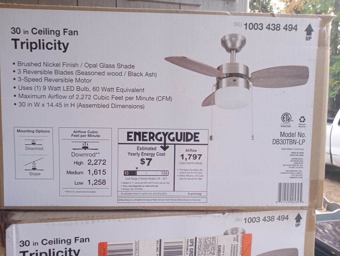 Two Brand New 30-in Triplicity Brushed Nickel Fans