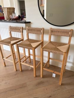 Living Spaces NEW Kina Natural 28" Rattan Barstool Set Of 3