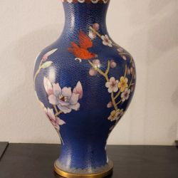 Vintage Jingfa Cloisonne Vase with Flowers, Bird, and Cherry Tree