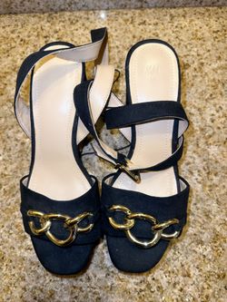 H&M Black Suede Heeled Sandals with Gold Chain