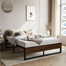 Queen Size Metal Platform Bed Frame with Wooden Board & Underbed Storage, Mattress Founda