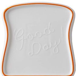 NEW! Creative Bread Toast Shaped Plate "Good Day!", Ceramic, 6.5" x 7" (Orange & White)