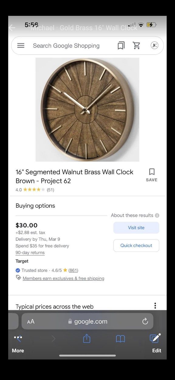 Wall Clock 16" Project 62 Walnut