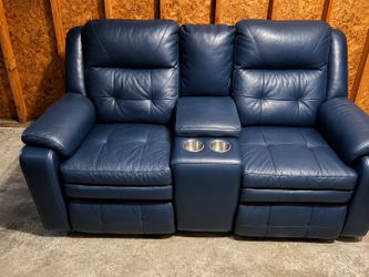 💙 Luxury Blue Leather Reclining Loveseat w/ Cup Holders