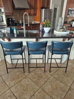 4 Dark Blue Faux Leather Kitchen Counter Chairs