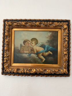 Cherub Angels Oil Painting in Ornate Gold Frame