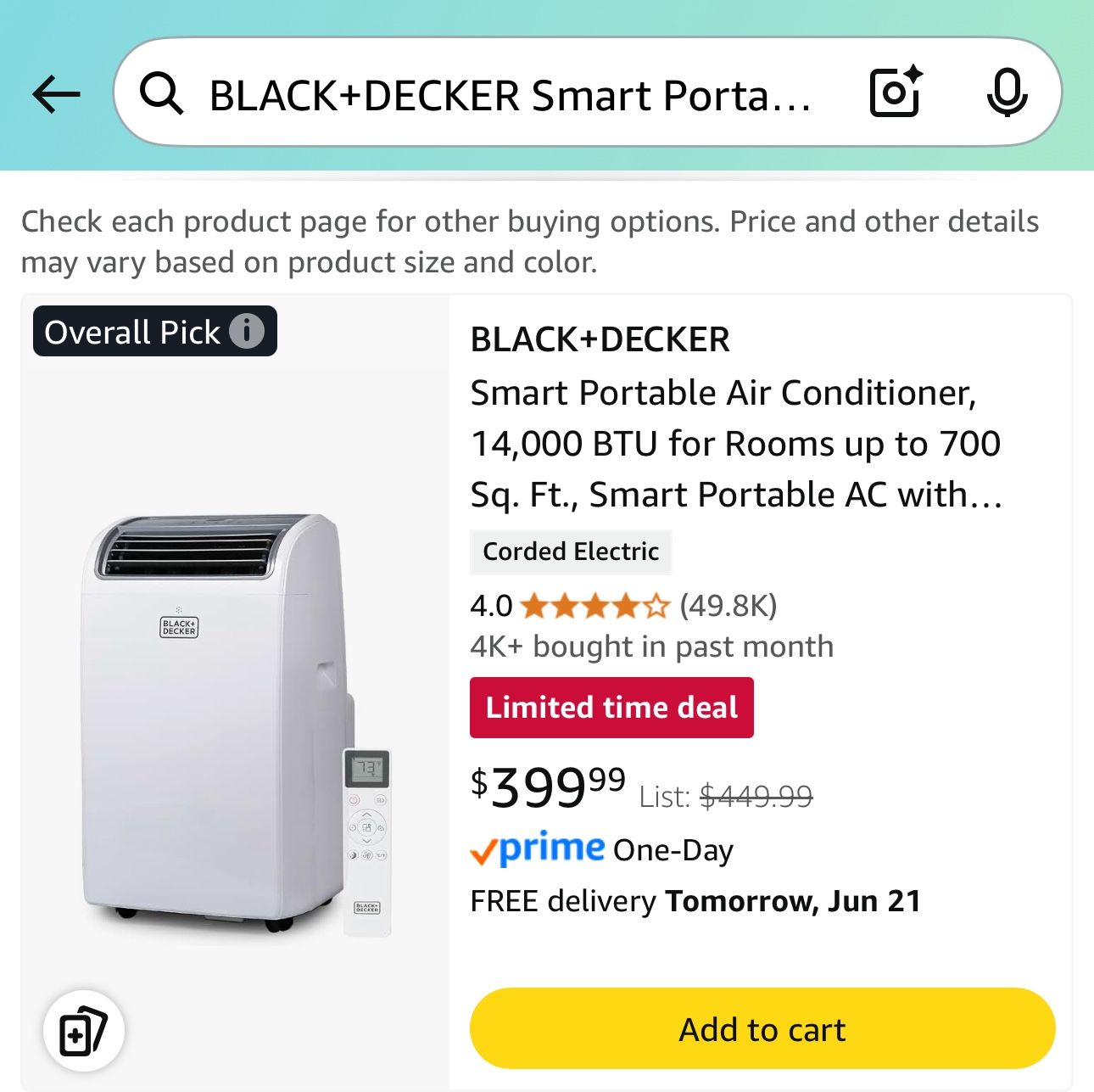 BLACK+DECKER Smart Portable Air Conditioner, 14,000 BTU For Rooms Up To 700 Sq. Ft., Smart Portable AC With Follow Me Remote And Window Kit, BPACT14WT
