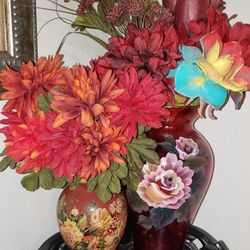 X2 VINTAGE HAND PAINTED ROSE FLOWER VASE FLORAL ARRANGEMENT BOUQUET ACCENT TABLE DECOR