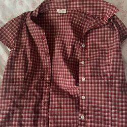 John Galt Red Rue Plaid Collared Top