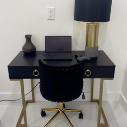 Black And Gold Desktop With Chair And Lamp