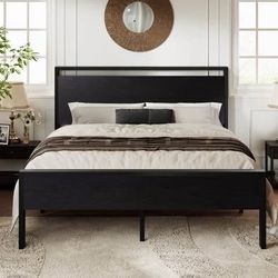 New 14-Inch Queen Size Metal Platform Bed Frame with Wooden Headboard and Footboard, Black Oak