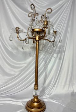 Tall Gold Plastic Crystal Candelabra 5 Candle Holder Comes Apart for Storage