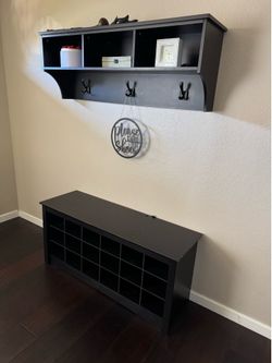 Hard wood floating shelf unit and shoe rack bench