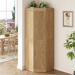 70.1''H Tall Corner Cabinet with Magnetic Doors, 4-Tier Kitchen Pantry Cabinet with 2 Adjustable Shelves & Top Guard Rail, Farmhouse Food Storage Cabi