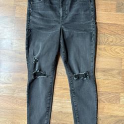 American Eagle Womens 14 SHORT Black Super Hi-Rise Jegging Distressed Denim EUC