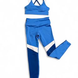 Zyia Active Blue & White Color-Block Leggings & Sports Bra Set Size L NWOT