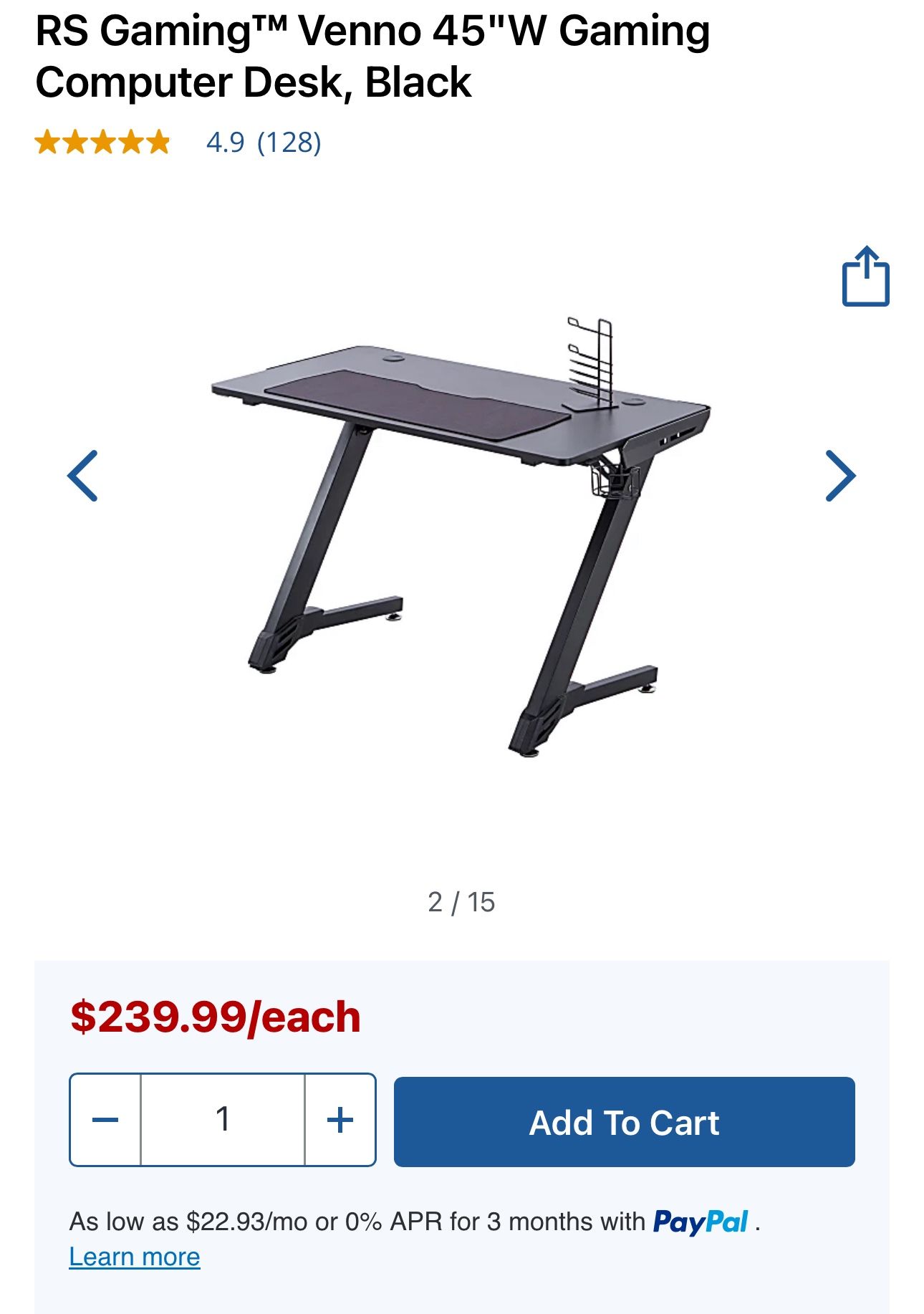 RS Gaming™ Venno 45"W Gaming Computer Desk, Black