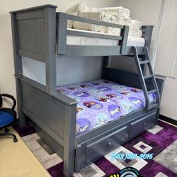 Twin Full Full Grey Solid Pine Wood Complete Bunk Bed With Mattresses & Pull Out Trundle Bed 