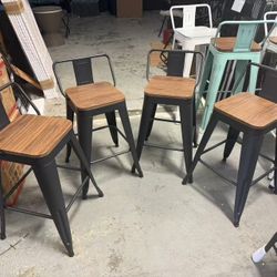 New 24" Metal Barstools Set of 4 Counter Bar Stools with Wood Top Low Back
