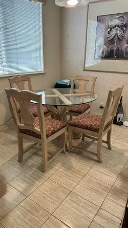 Glass Round Dining Table + 4 Chairs – Sturdy Wood Base 