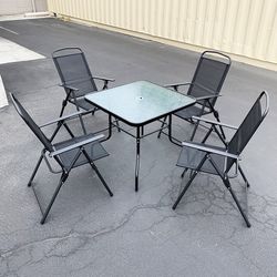 (NEW) $100 Outdoor 5 Piece Patio Set (32x32” Table and 4pc Folding Chairs) Garden Furniture