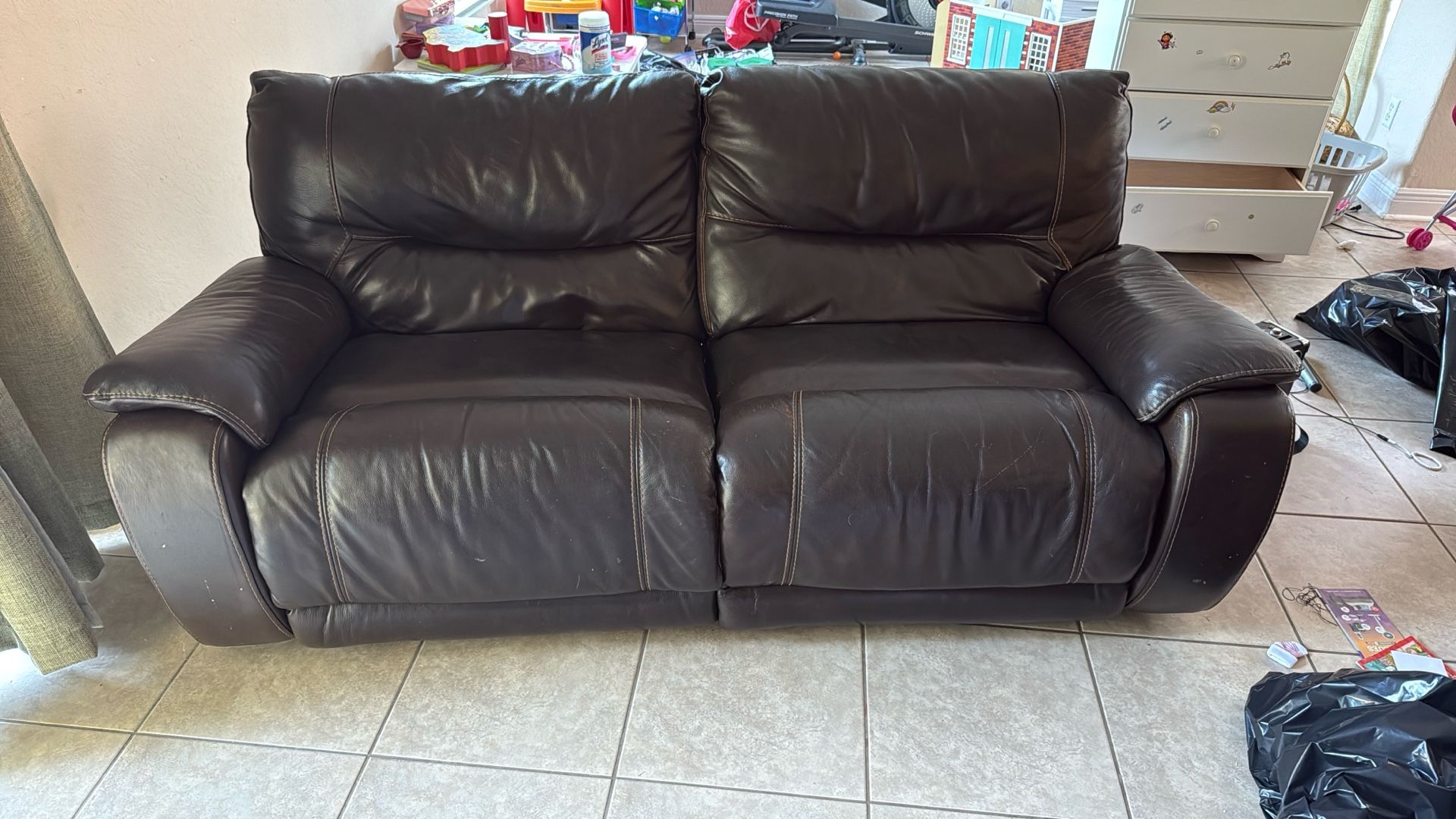 Set of reclining, Brown leather sofas