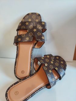 Brown Monogram Print Flat Slide Sandals