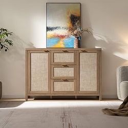 52" Larger Farmhouse Credenza Storage Coffee Bar Cabinet with 3 Drawers & 2 Doors, Boho Console Table for Living Room, Kitchen, Caramel Oak 