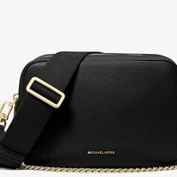 Michael Kors Bryant Pebbled Leather Camera Crossbody – Black & Golden