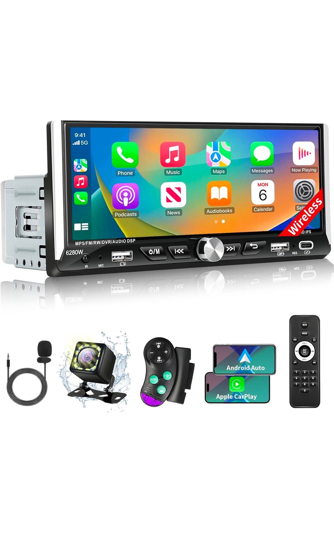 6.9 Inch Single Din Car Stereo Player with Wireless Apple Carplay & Android Auto