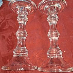 Two Vintage Pressed Glass Candle Holders, Pillar & Taper, 9 Inches Tall, Clear Glass One with Small Chip Mid Stem See Last Photo P8R506
