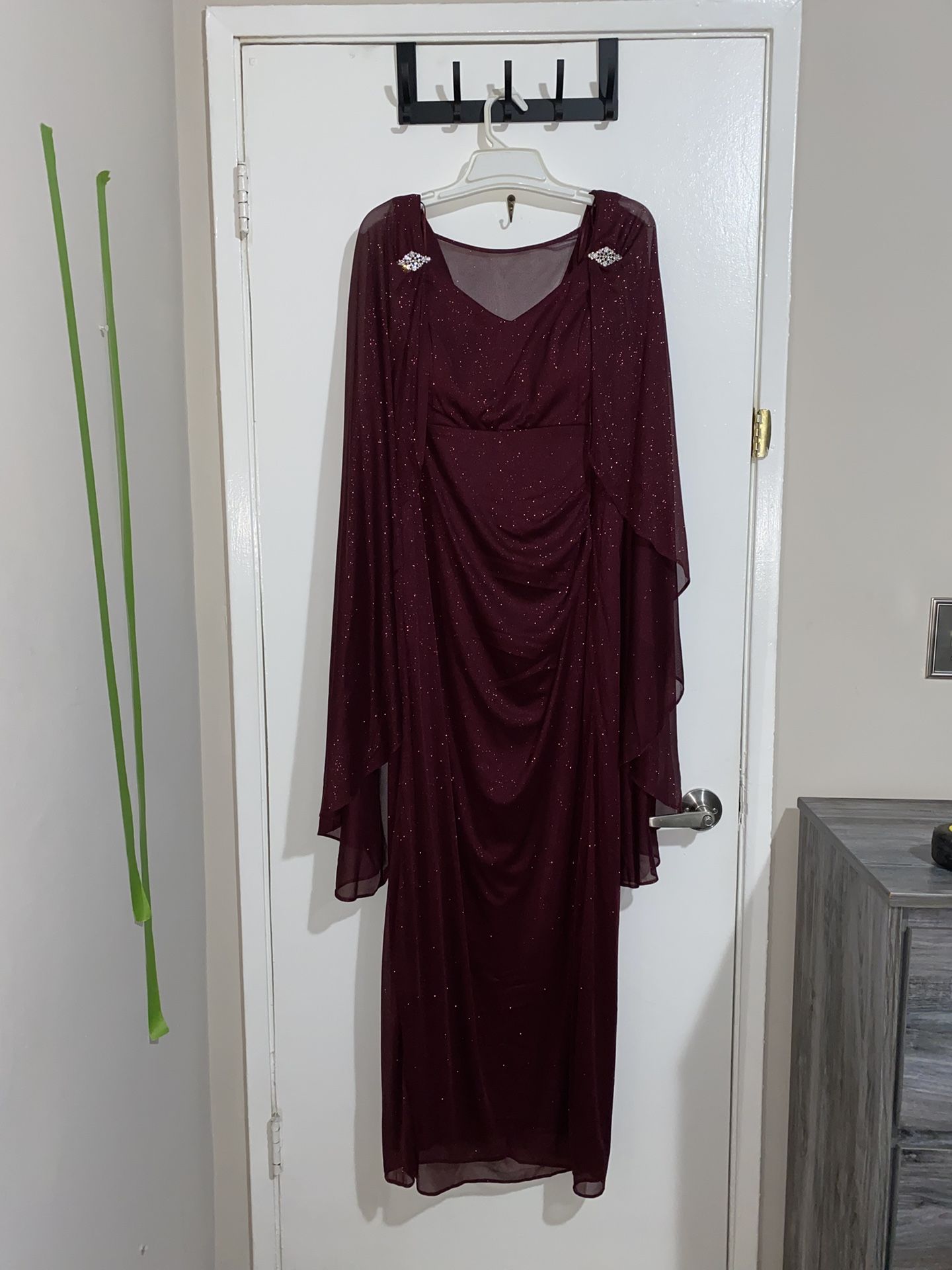 Burgundy Glitter Cape Sleeve Formal Dress