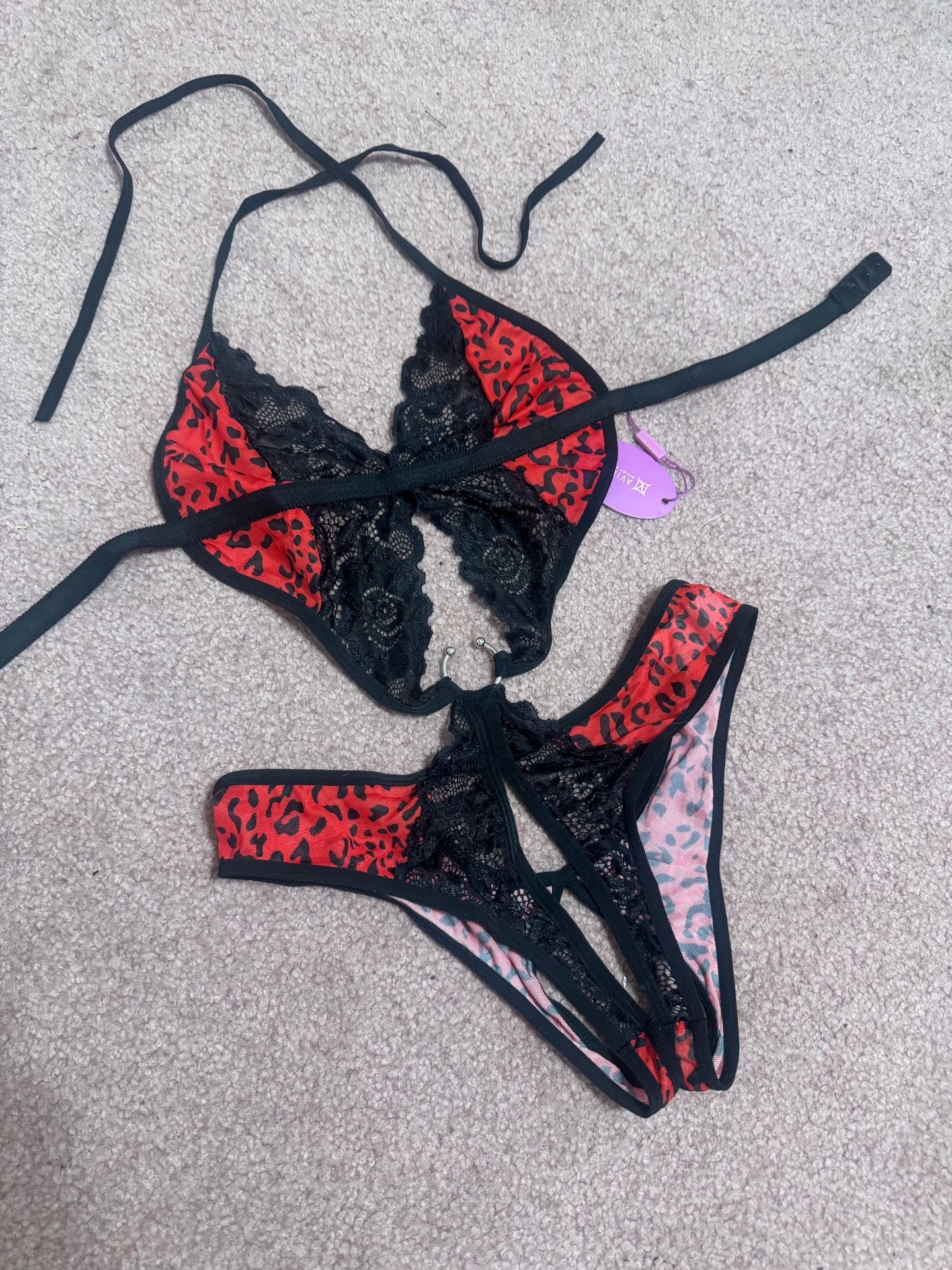 New medium red black sheer mesh bodysuit lingerie animal print stretchy top