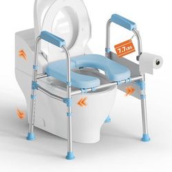 Raised Toilet Seat with Handles, 350 LBS Capacity Adjustable Seat Height, Aluminum Light Blue