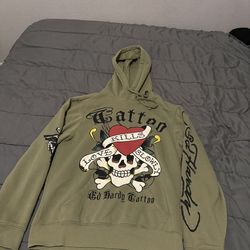 Ed Hardy Hoodie Pullover Heart Skull Tattoo “Love Kills Slowly” Olive Mens Small